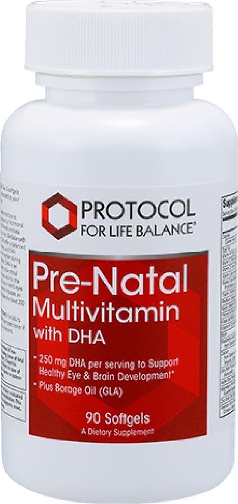 โพรโทคอล Pre-Natal Multiplevitamin with DHA - 250 mg DHA - สําหรับการสนับสนุนการตั้งครรภ์และสนับสนุนการให้นม* - กับ DHA, Calcume, คอปเปอร์, B12 & วิตามินซี - Halalal & Dairy Free - 90 Softgels