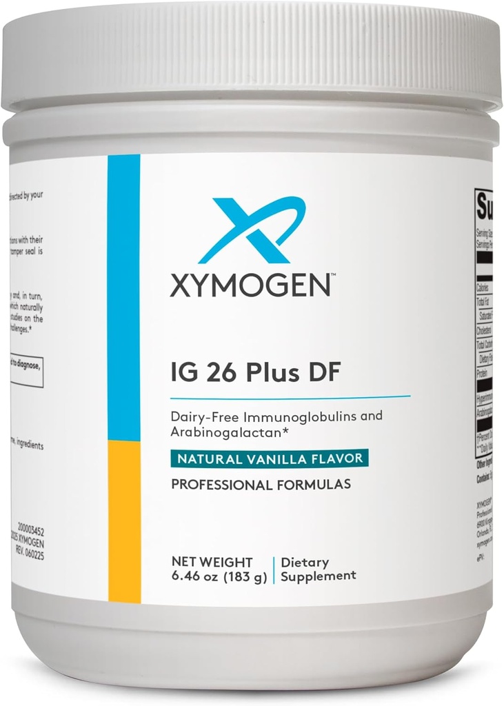 XYMOGEN IG 26 Plus DF - Dairy Free Immunoglobulin Powder + IgY Max Hyperimmunized Egg - Promueve la salud intestinal, Cytokine Balance, Muscle Performance + Recovery - Vanilla Flavor (6.46 oz)