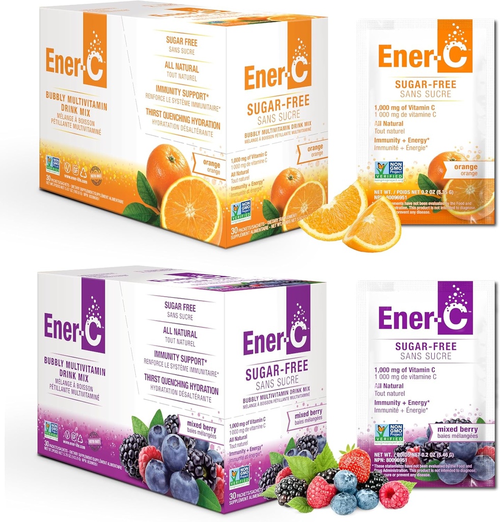 Ener-C Sugar Free Multivitamin Drink Mix - Vitamin Pulver für Wasser, Elektrolyte Pulver Kein Zucker, Hydration Boost Packets, Zero Sugar, Vitamin C & B12 Supplement Liquid Mix - Orange & Berry, 60 Zähler