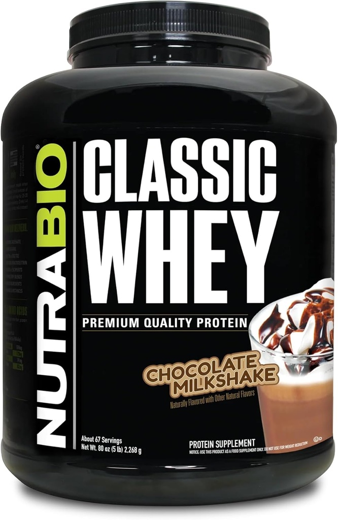 NutraBio Classic Whey Protein Powder- Full-Spectrum Amino Acid Profile - 필러, 인공 색상, 보존제 - 낮은 글리세라이드 지수 - 초콜릿 밀크 셰이크, 5 파운드
