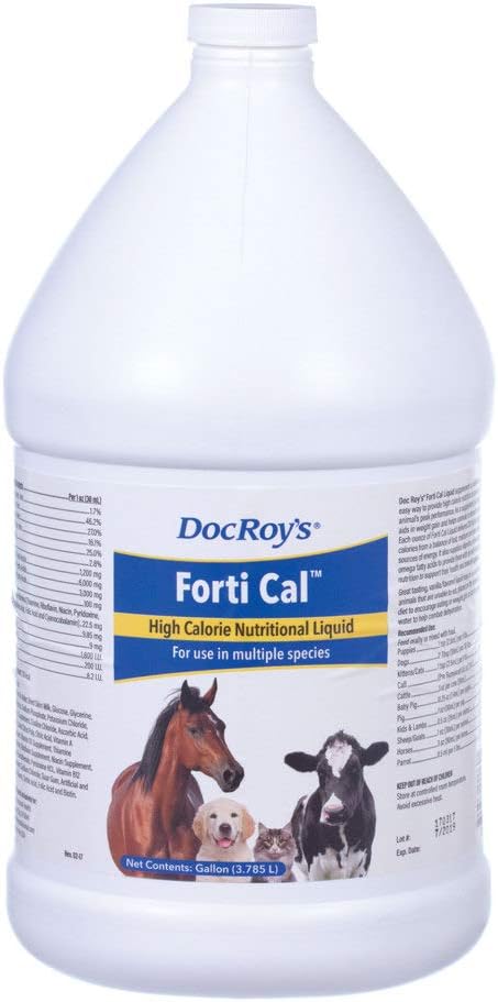 Doc Roy's Forti Cal Liquid, High Calorie Energy Supplement für Hunde, Katzen, Pferde, Vieh, unterstützt Gewichtszunahme, Erholung, Hydration, mit Omega 3 6 9, Vitamine A D3 E C, Made in USA, 1 Gallon