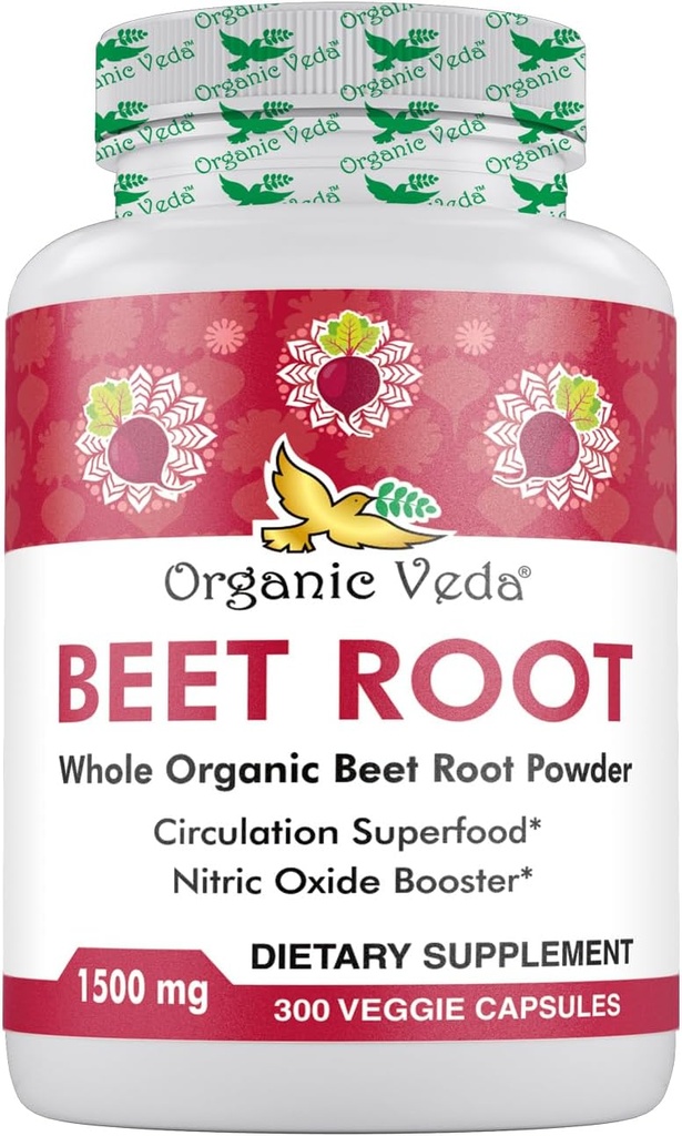 Bio Veda Beet Root Capsules 1500mg - 300 Beet Root Powder Capsules with High Strength Nitrates to Support Circulation, Nitric Oxide, Energy, Endurance & Stamina - Non-GMO & Gluten-Free