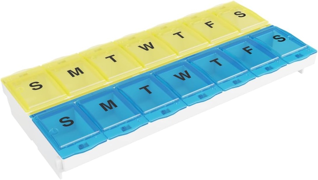 EZY DOSE Pill Organizer Weekly AM/PM (7-Day), Medicine Planlaşdırma, Vitamin Case/Box, 2X-Large Locking Secure Prescription və Kazaal Spilling, Mavi və Sarı, Cəmiyyətsiz