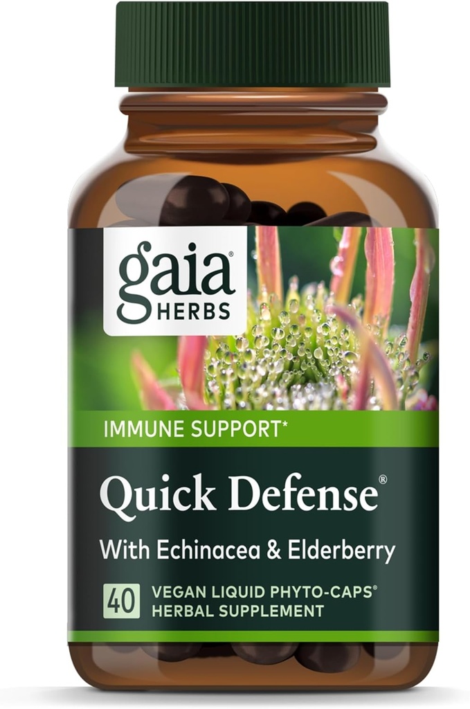 Gaia Herbs Quick Defense - Fast-Acting Immune Support Supplement* - Echinacea, Black Elderberry, Ginger & Andrographis - 40 веганских жидких фитокапсул (4-дневная поставка)