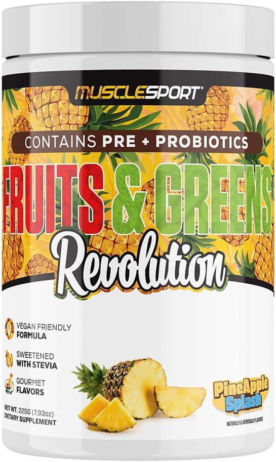 Musclesport Fruits & Greens - Ovocie, zelenina a antioxidant doplnok, vrátane pšeničnej trávy a Spirulina, pridané vlákna a probiotiká - 30 Servings (Pineapple Splash)
