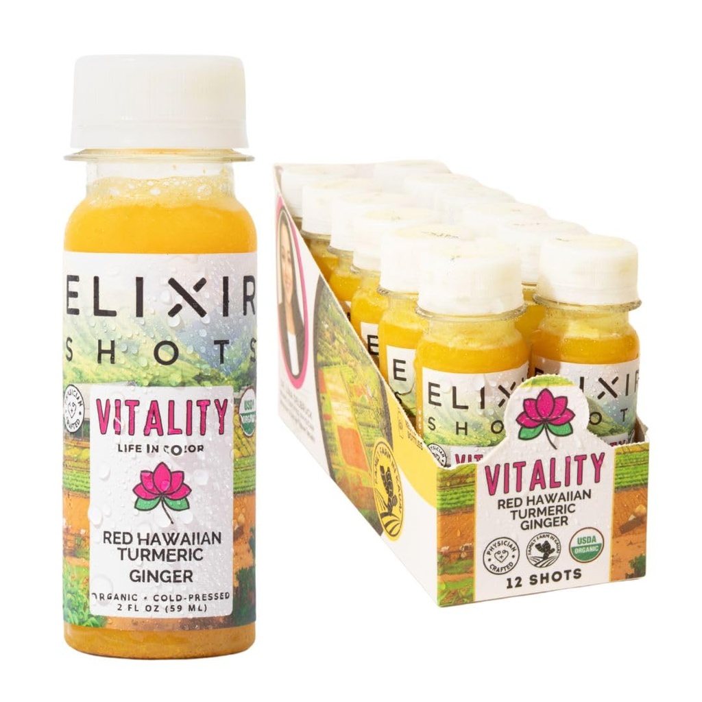 Elixir Shots, Vitality Immunity Wellness Shot med 100% organiske ingredienser, kaldpresset rød hawaiisk gurkemeie, peruan ginger, Pineapple og svart pepper, ingen sukker eller kunstige tilsetningsmidler, 12 Pack
