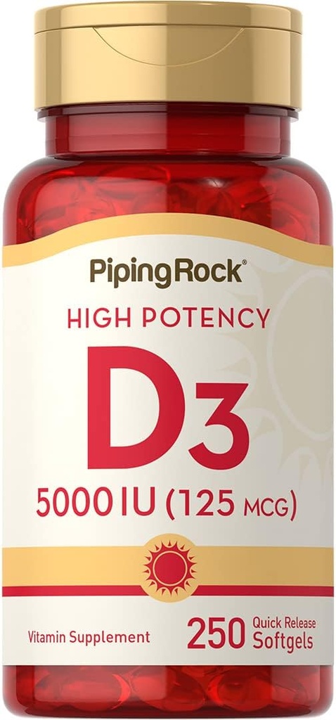 Piping Rock Vitamin D3 5000 IU  год. 250 Softgels - висока доза добавка за не- GMO, Gluten Free