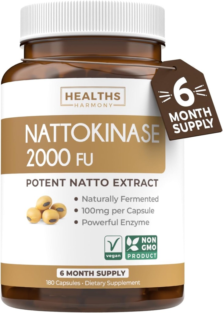 Healths Harmony Nattokinase 2000 FU (ne-GMO) Močan Nattokinase dodatek Izdelano iz naravno fermentiranih sojic - (6 mesec dobave) 180 Vegan Natto kapsule