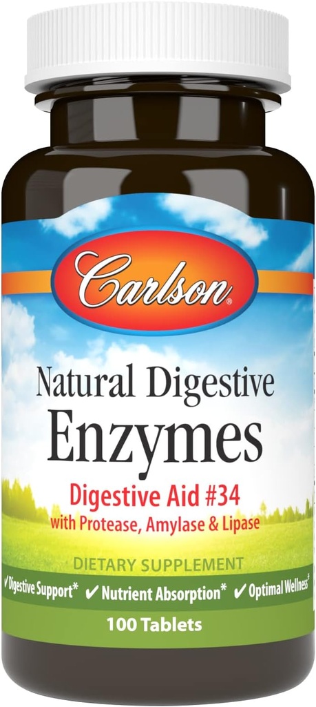 Carlson - Natural Digestive Enzymes, Digestive Aid #34 con Protease, Amylase & Lipase, Digestive Support, Nutrient Absorption & Optimal Wellness, 100 Tablets