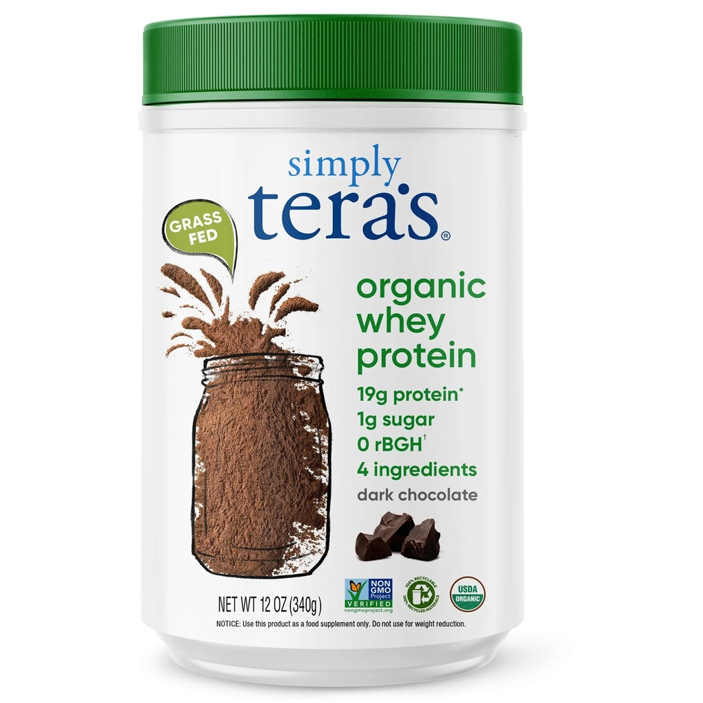 Simply tera's Organic Whey Protein Powder - Grass Fed Whey Protein Powder Without Artificial Sweeteners, Clean, Non-GMO, Gluten-Free - Dark Chocolate, 12 Oz