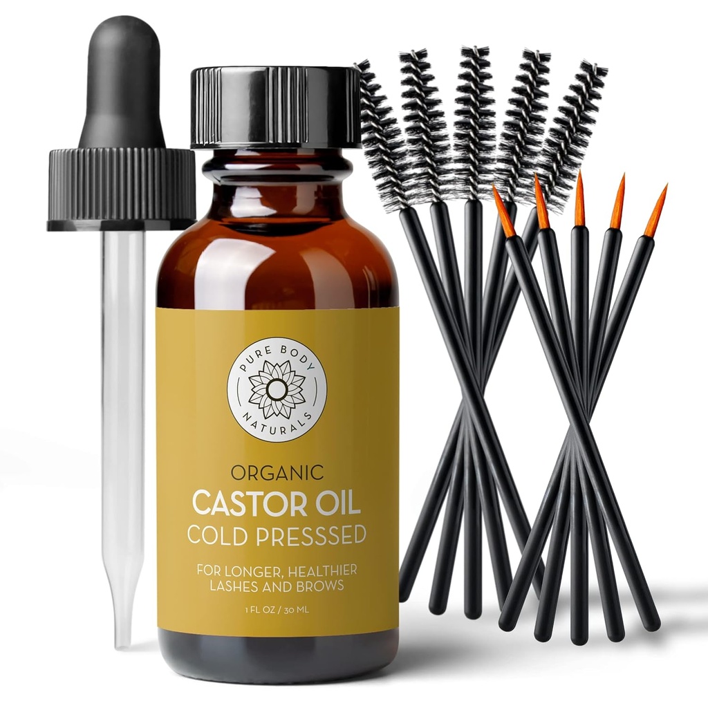 Pure Body Naturals Castor Oil for Eyelashes and Eyebrows - 1 Fl Oz Burlenčių & Lash Growth Serum - Organic, Hexane Free, Cold pressed, Nerafinuotas - Eyelash and Eyebrow Growth Serum for Women