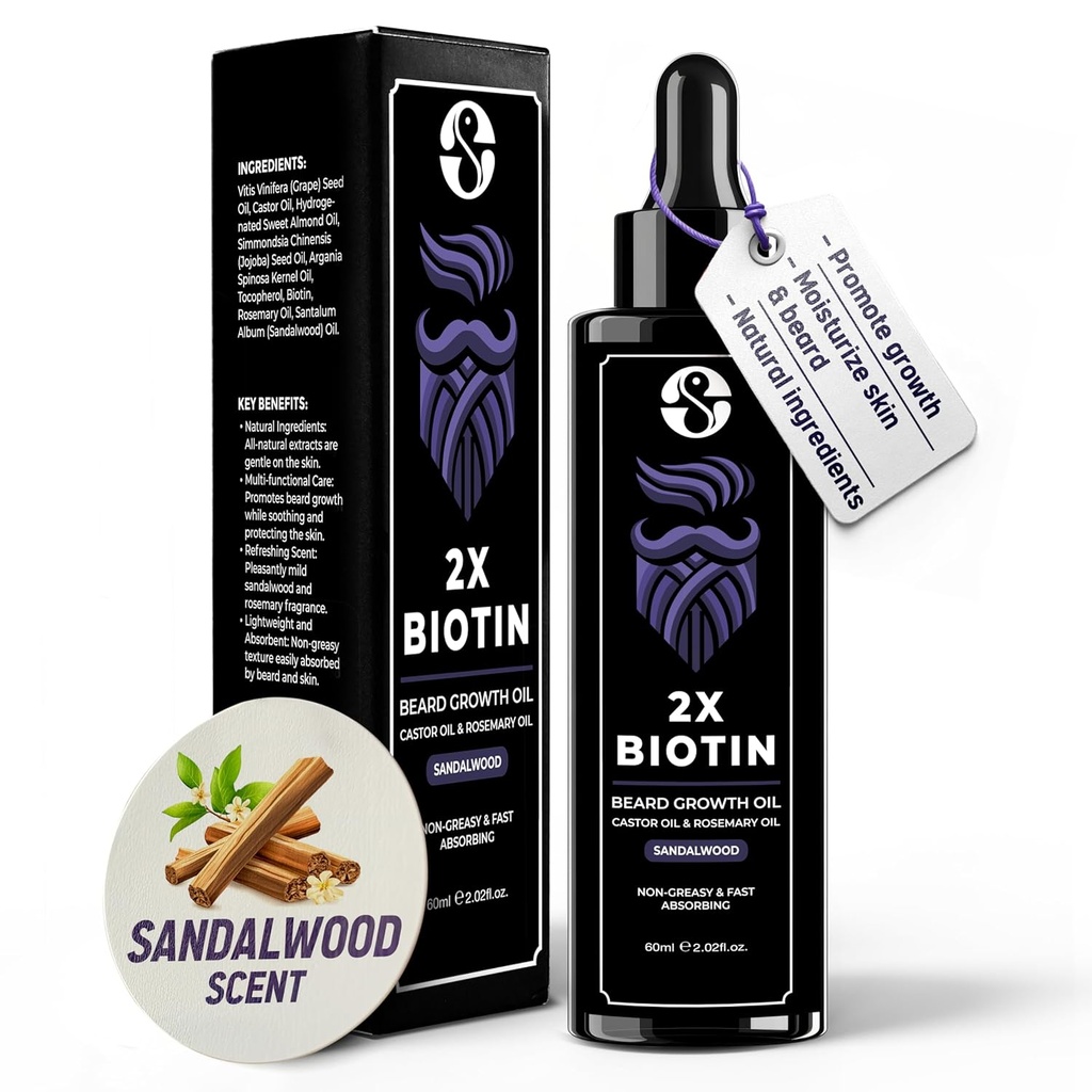 Biotin Koncentration Beard Thickener & Softtener - 2oz med Castor Oil, Rosemary Oil, og Vitaminer - Sandalwood Duft til mænd