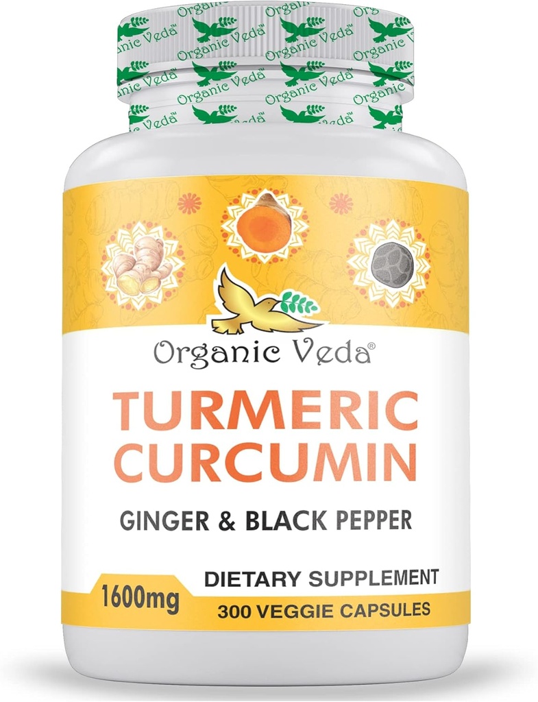 Bio Veda Turmeric und Ginger Kapseln 300 Pillen - Bio Kurkuma Curcumin mit schwarzem Pfeffer für Joint Support - Non GMO, Gluten Free, Kurkuma und Ingwer Ergänzung (95% Curcuminoide)
