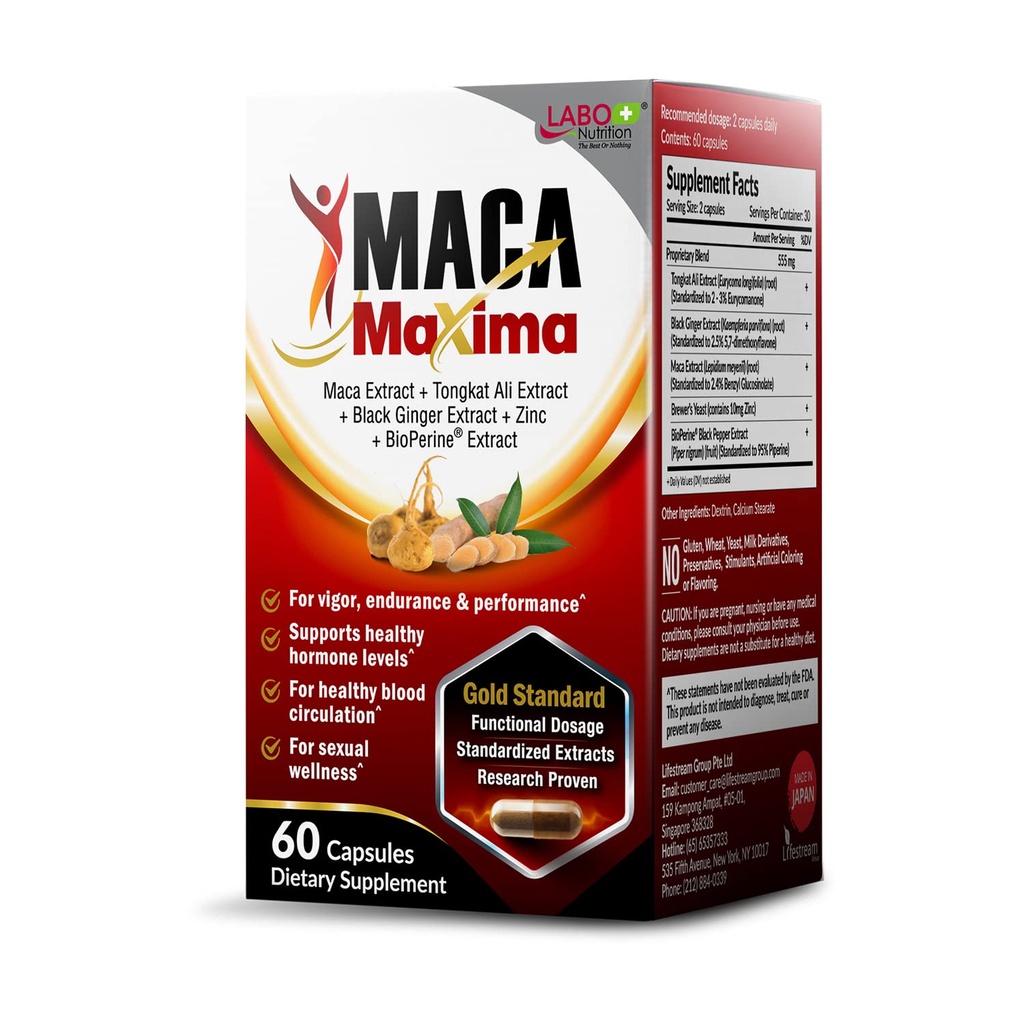 LABO Nutrition MacaMaxima Peruvian Maca Root, Tongkat Ali, Black Ginger, Zinc and Black Pepper Extract Supplement for Men and Women, Supports Reproductive Health, Energy, Stamina- Non-GMO, Vegan Pills