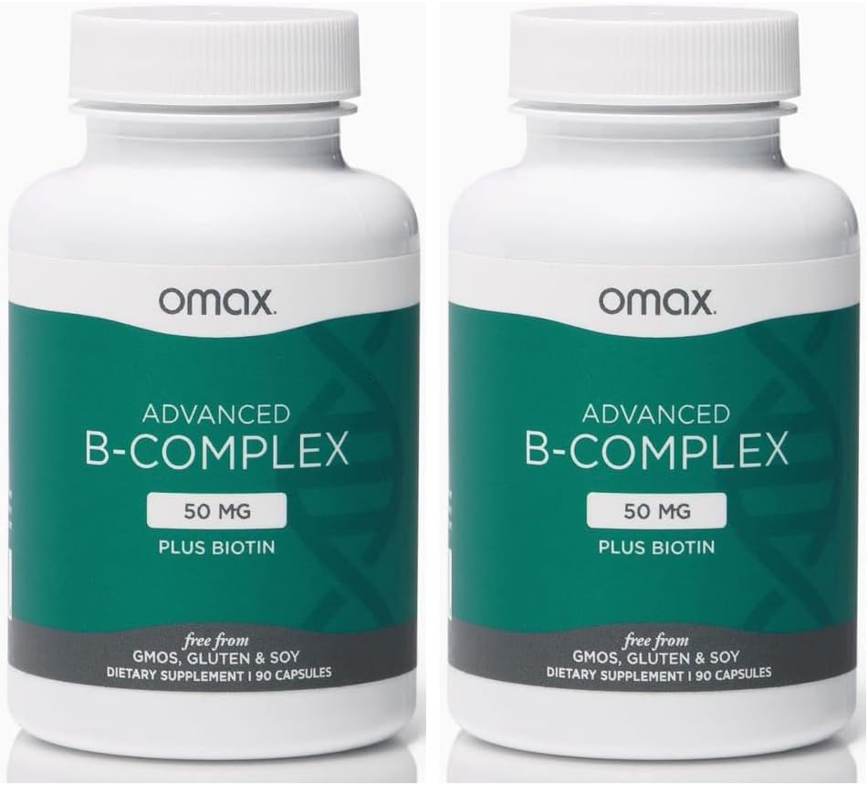 Omax3 2 Botol - Advanced Vitamin B Kompleks 50MG dengan Biotin 124; Strong & Shiny Nails, Skin Nails, Dukung Stress, Imunitas, Energi Metabolisme, 90 Capsules / per Botol