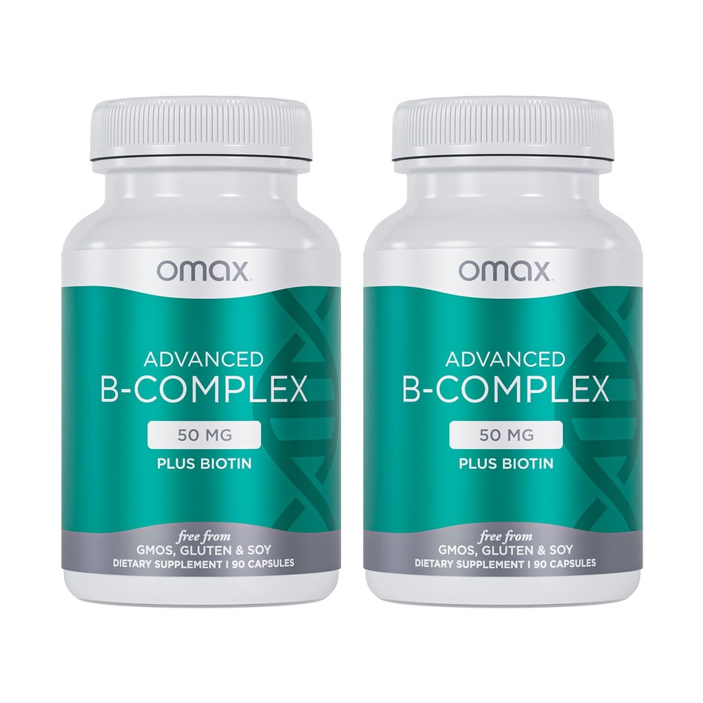 Omax3 Advanced Vitamin B Complex 50MG with Biotin | Strong & Shiny Hair, Skin Nails, Support Stress, Immunity, Energy Metabolism, 90 Capsules/per Bottle (2 Bottles)