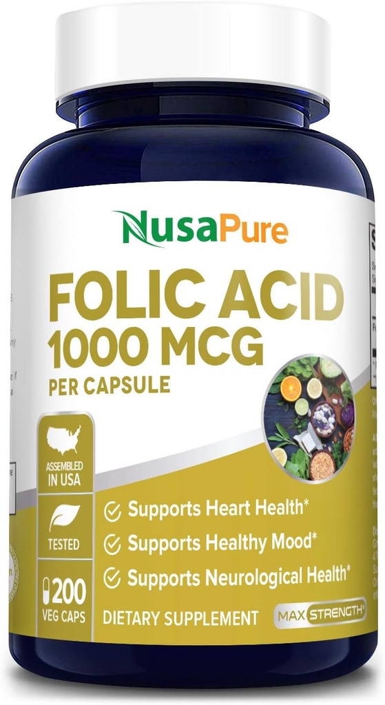NusaPure Folic Acid 1000mcg 200 Veggie Caps (Non- GMO, Vegetarian, gluten zdarma)
