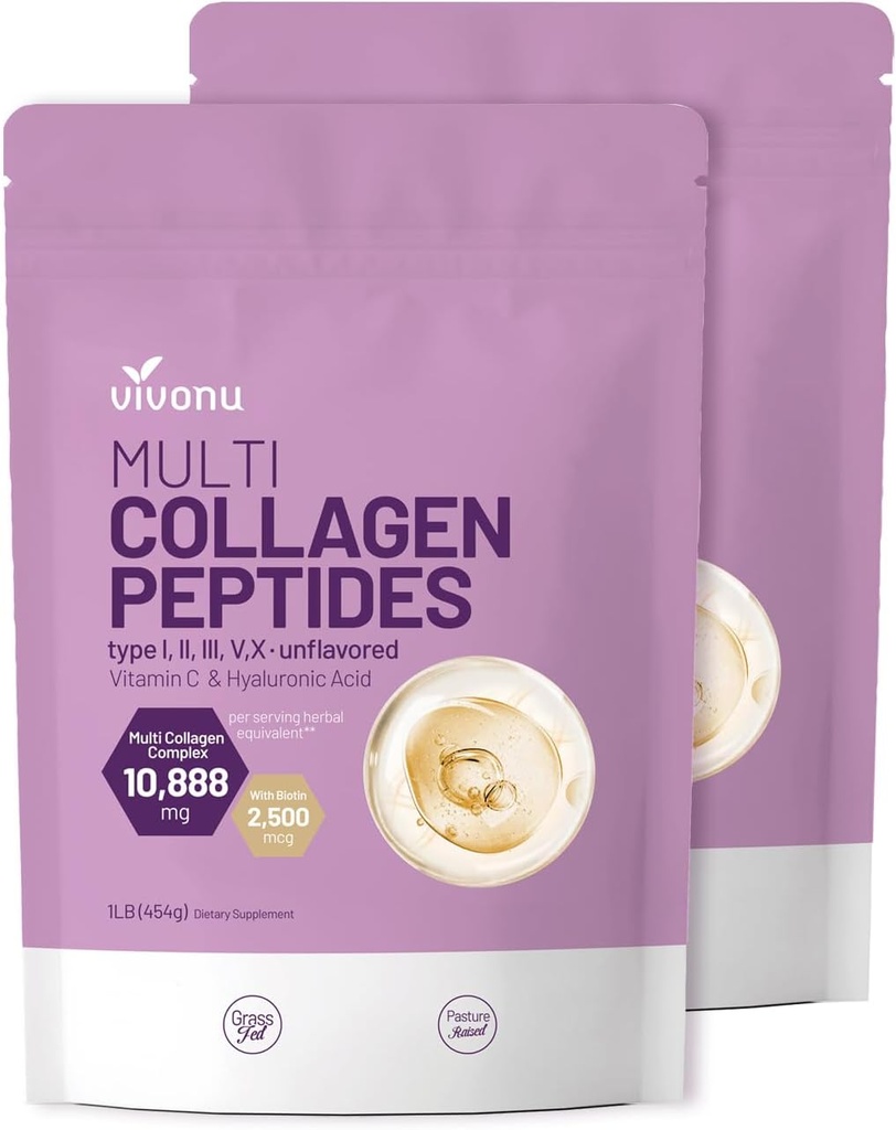 PHNu Multi Collagen Vivo Toz, 16 Oz Hydrolyzed Protein, | Tip I,II,III,V,X, Hyaluronic Acid, Biotin & Vitamin C Unflavored Keto Paleo Friendly, Ez Mix in Drinks (2LB/2Pack)