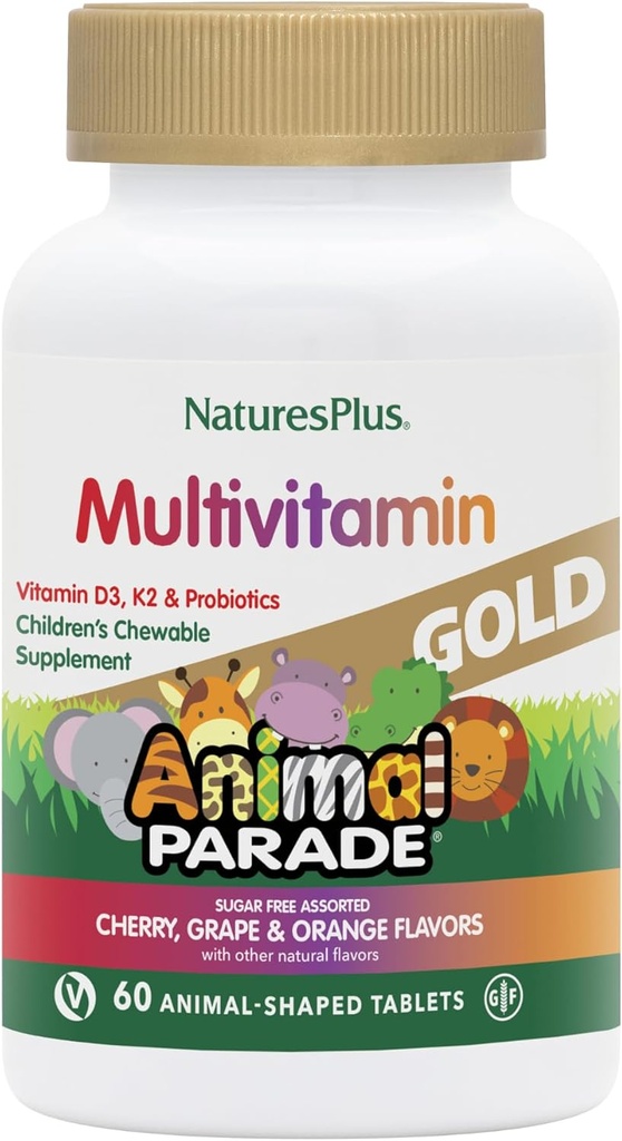 Natures Plus Animal Parade Quelle des Lebens Gold Kinder Kaubares Multivitamin - sortierte Kirsche, Orange &amp; Grape Flavors - 60 Kautabletten - Vegetarisch, Glutenfrei - 30 Servietten