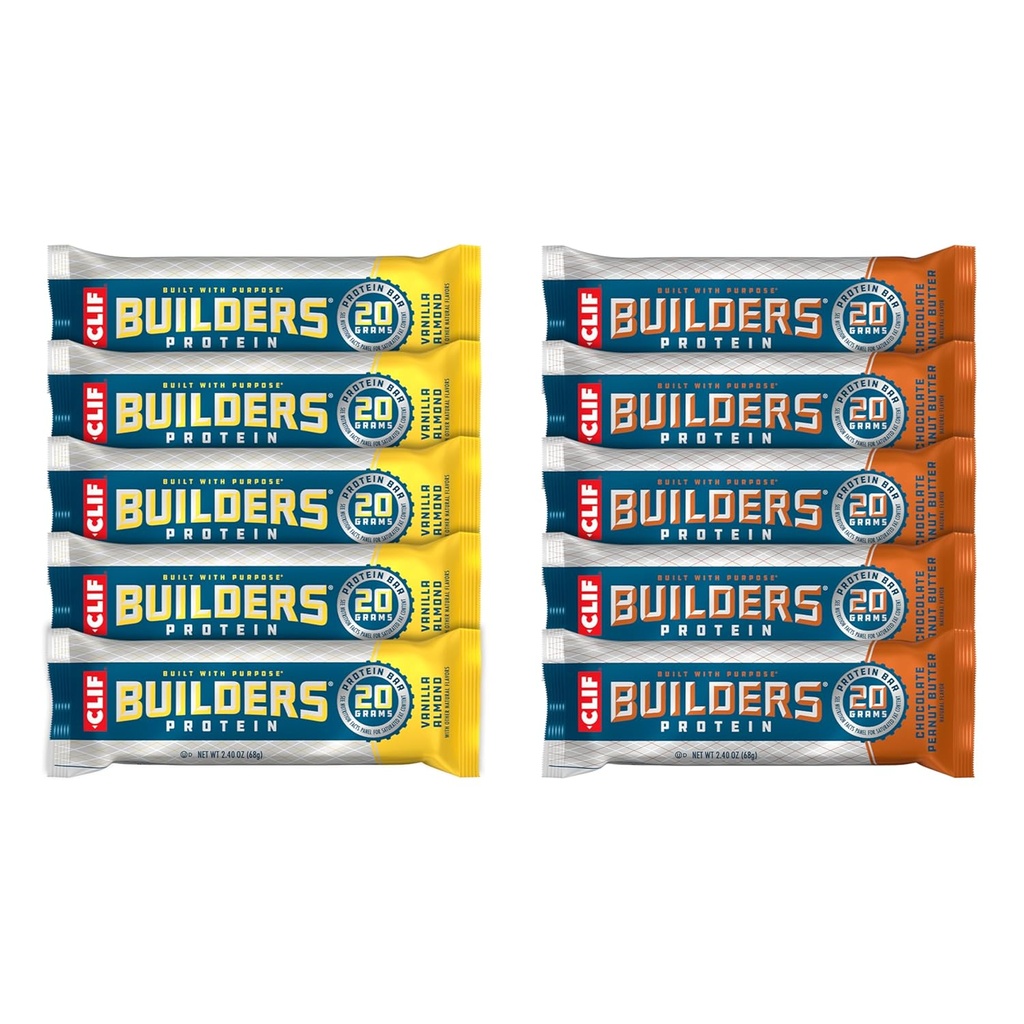 CLIF Builders - Chocolate Peanut Butter and Vanilla Almond Flavor - Variety Pack - Plant Based Protein Bars - Gluten Free - Non-GMO - Low Glycemic - 20g Protein - 2.4 oz. (10 Count)