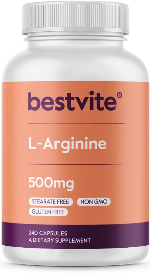 BESTVITE L-Arginina 500mg (240 Cápsulas) - Sem Estearato de magnésio - Sem Dióxido de Silício - Sem Encher - Não OGM - Sem Glúten