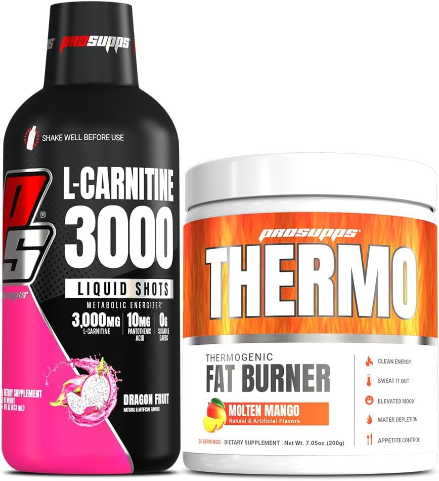 ProSUPPS L-Carnitine 3000 Stimulant Free Shots (31 משרתים, Dragon Fruit) ו- Thermo Fat Burning Thermogenic אבקת (25 משרתים, מולטן) Bundle