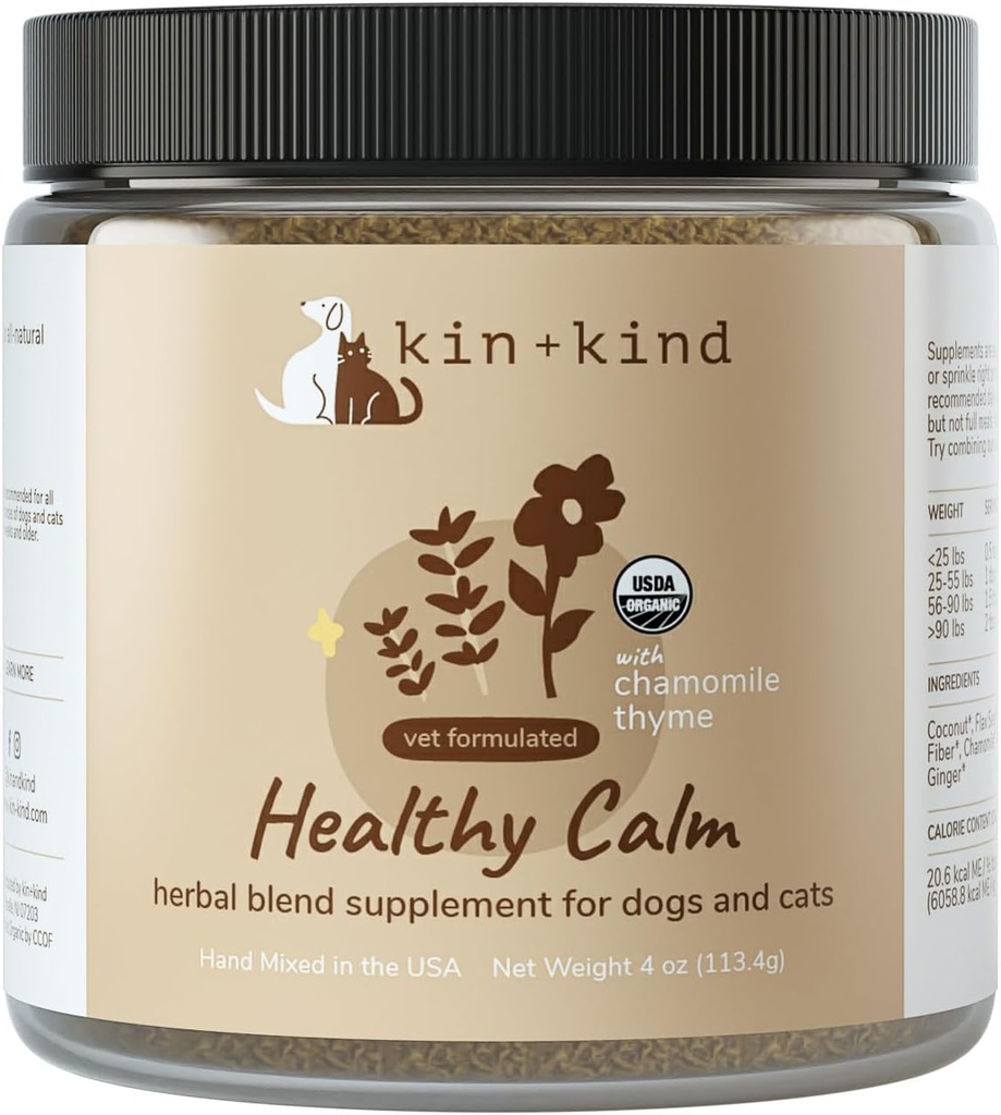 kin+kind Healthy Calm תוסף לכלבים & חתולים - פורמולה טבעית עם Chamomile אורגני, Thyme, Apple Pomace, ג'ינג'ר וקוקוס - מיוצר בארה"ב - 4 oz (Medium)