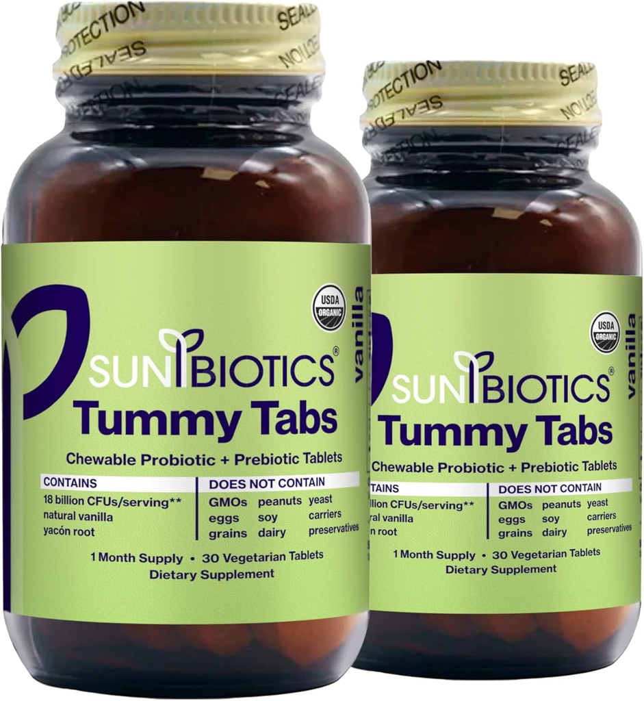 SUNBIOTICS Tummy Tabs - Chewable Probiyotik ve Prebiyotik Tabletler 4 Probiyotik Strains for Good Gut Flora, Immune System, & Balanced Microbiome - Vanilla, (Pack of 2)
