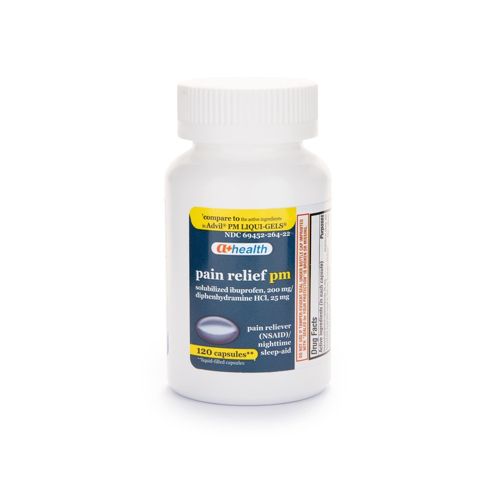 A+Health Ibuprofen PM Softgels, Pain Reliever/Nighttime Sleep Aid (NSAID), Ibuprofen 200mg and Diphenhydramine Hydrochloride 25mg, 120 Count