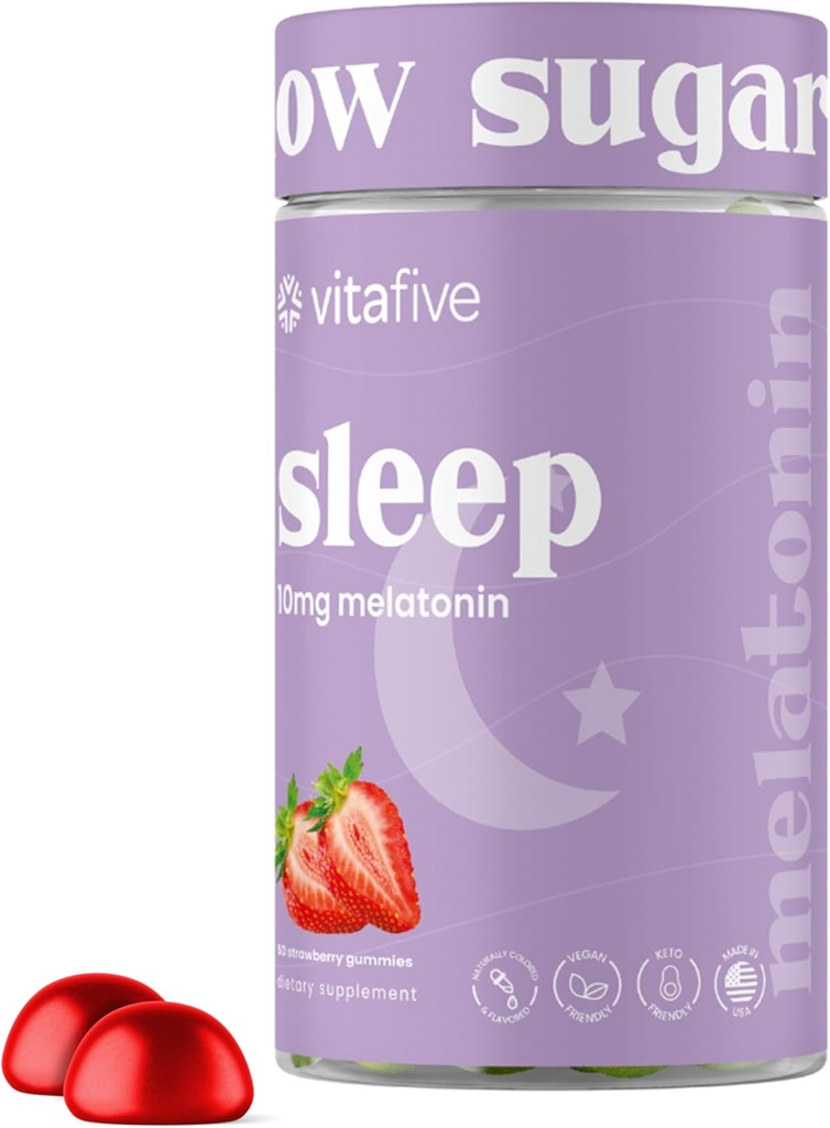 vitafive Extra Strength Melatonin Gummies, 10 mg Melatonin, Schlafhilfe für Erwachsene, Low Sugar, Vegan, Gluten Free Melatonin Supplement (50 Ct)