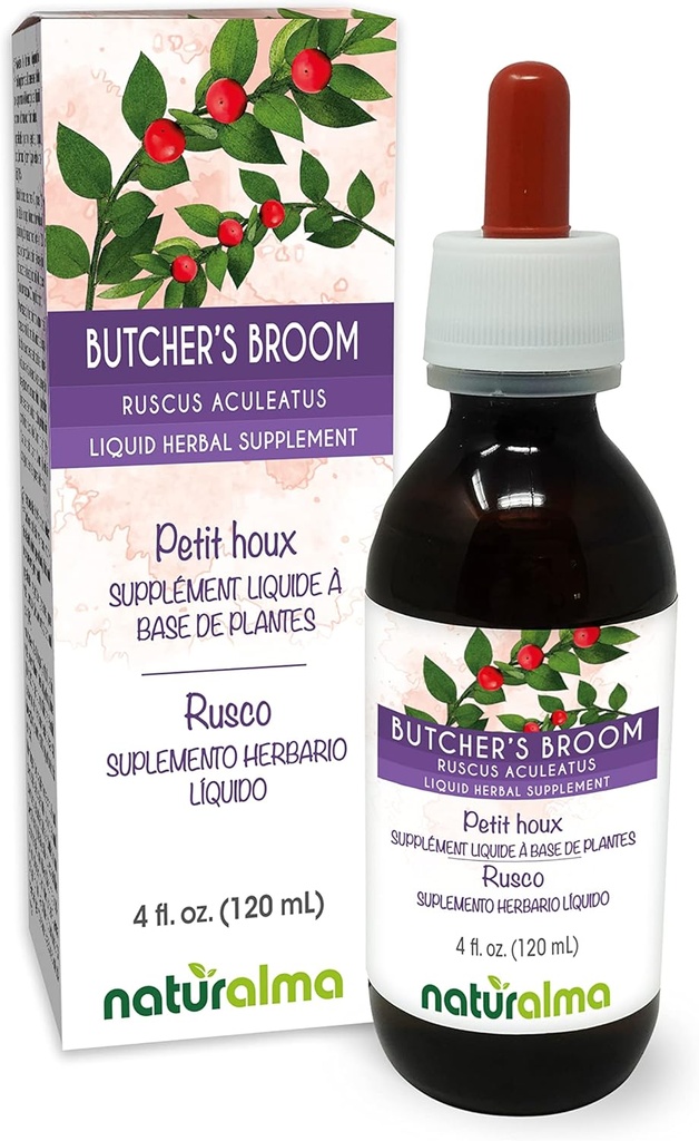 Naturalma Butcher's Broom (Ruscus aculeatus) Root álcool-livre tintura - 4 fl oz extrato líquido em gotas - Suplemento de ervas - Vegan