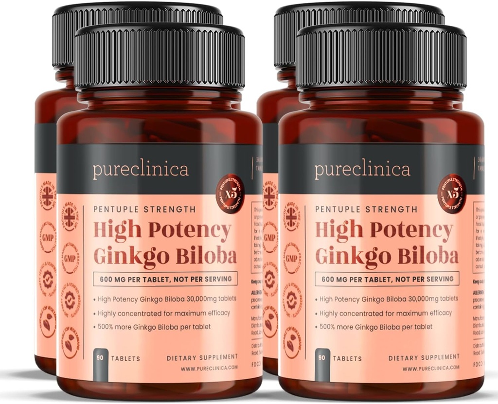 Pureclinica 높은 Potency Ginkgo Biloba 30,000mg x 360 정제 (4 병 90) - 12 개월 공급 - 5 시간 Competitor 제품의 힘