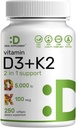 Витамин D3 5000 МЕ + K2 MK7 Softgels, 250 Count | 2-в-1 Complex | Поддерживает здоровье сердца, костей, зубов и иммунитета * | Легко проглотить