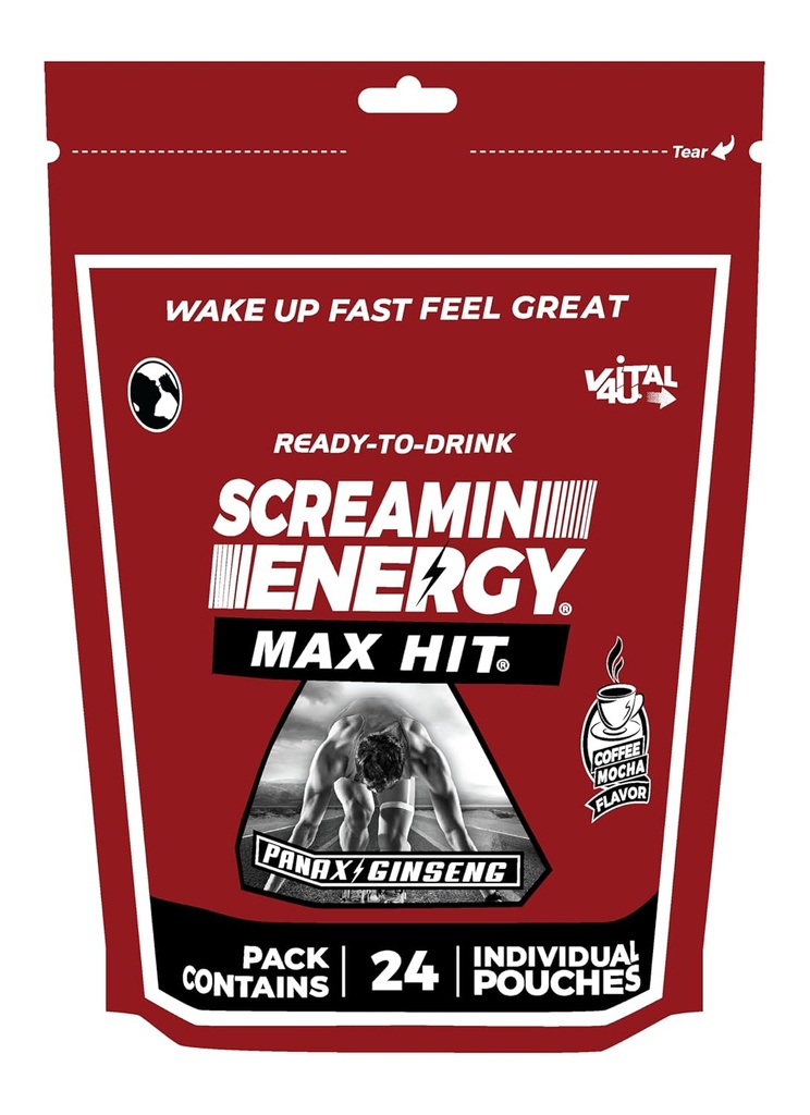 Screamin Energy Max Hit - Energijos Shots Extra Force with Ginseng & Coffeine - 100% B-1, B-2, B-3, B- 6, B- 7 ir B12 Coffee Mocha, 24 Count