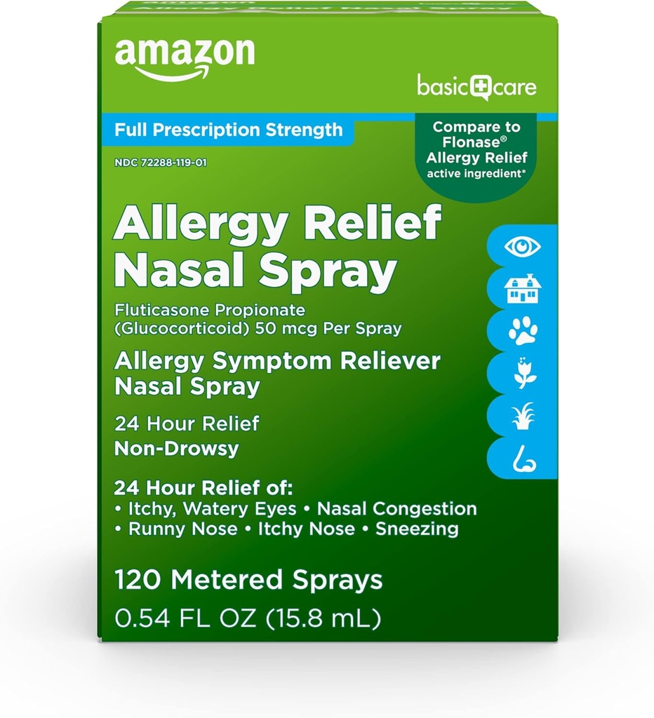 الرعاية الأساسية 24 ساعة لإغاثة المصابين بمرض الحساسية، وشركة Fluticasone Propionate (Glucorticoid), 50 mcg Per Spray, Full Prescription Strength, Non-Drowsy, 0.54 floz (Pack of 1)