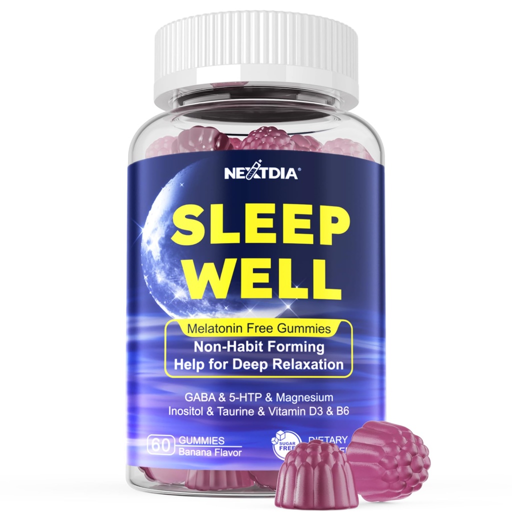 Nextdia Melatonin Free Sleep Gummies, with Magnesium Glycinate, GABA, 5-HTP, L-Theanine, Valerian, Chamomile, Lemon Balm, Vitamin D3 & B6 - Hormone & Drug- Free, Non-Habit Forming,Sugar Free
