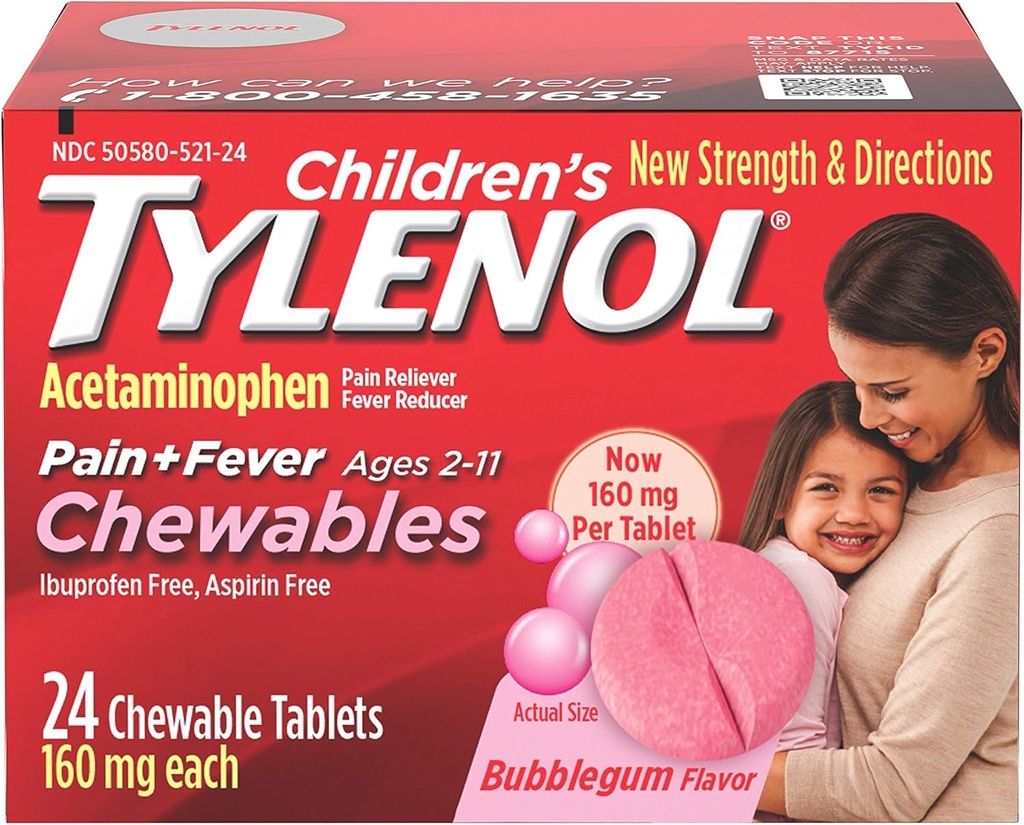 Tylenol kauwtabletten voor kinderen, acetaminofen voor pijn en koortsreliëf, bubblegom, 24 ct