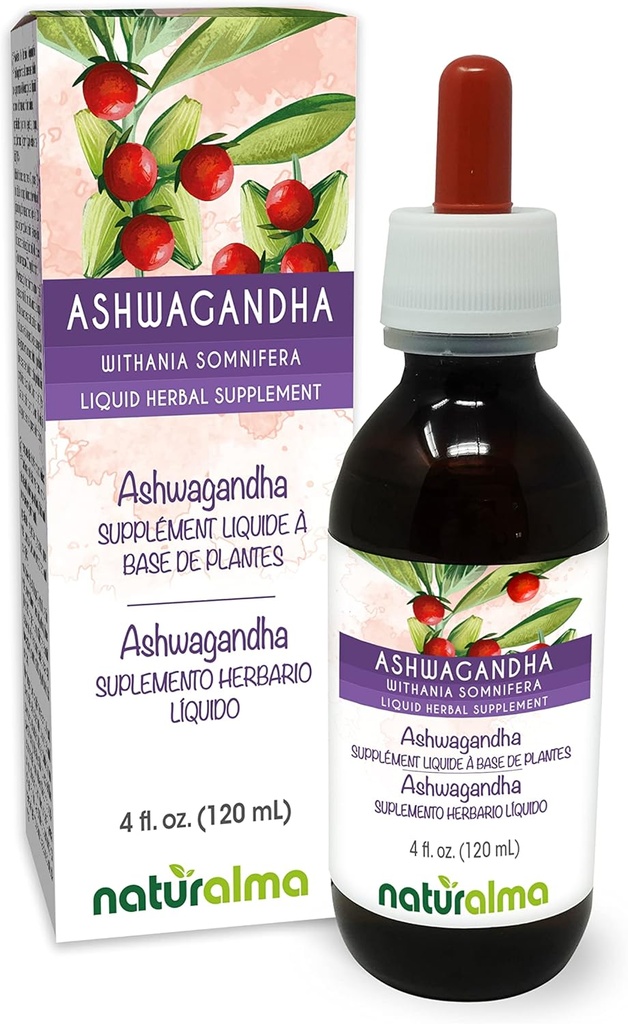 Naturalma Ashwagandha (Withania somnifera) Tintura libre de alcohol - 4 fl oz Extracto líquido en gotas - Suplemento de herba - Vegan