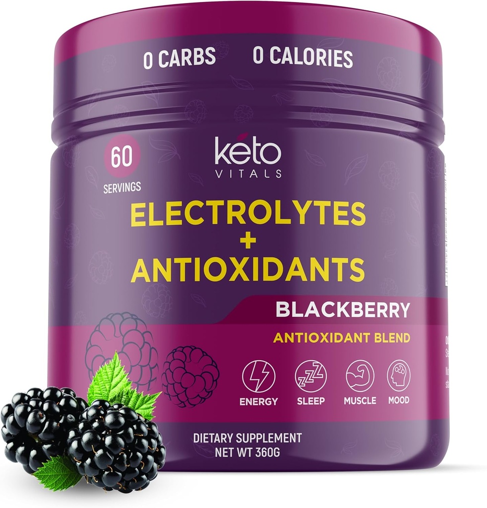 Keto Vitals Antioxidante Eletrólitos em Pó - Mistura Keto Eletrólitos com Potássio, Magnésio, Sódio e Cálcio - Sem Açúcar Eletrolítico Mistura e Hydração em Pó, 60 Servões, BlackBerry
