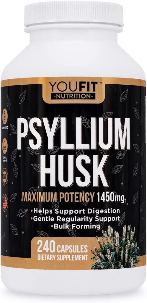 PSYLILIUM Husk Capsules - Premium Psyllium Fiber Supplement - Promoot Intestinal Health and Regularity - 100% natuurlijke oplosbare vezels 1450mg per portie - 240 capsules