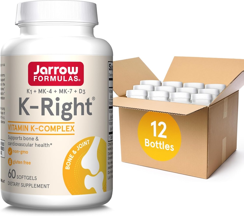 Jarrow Formulas K- Right - Витамин K-Complex (K1, MK-4, MK-7, D3) - 60 Сервизи (Softgels) - Хранителна добавка за костна и сърдечно-съдова здравна поддръжка - Витамин K2 MK-7 - Без глутен, Опаковка от 12