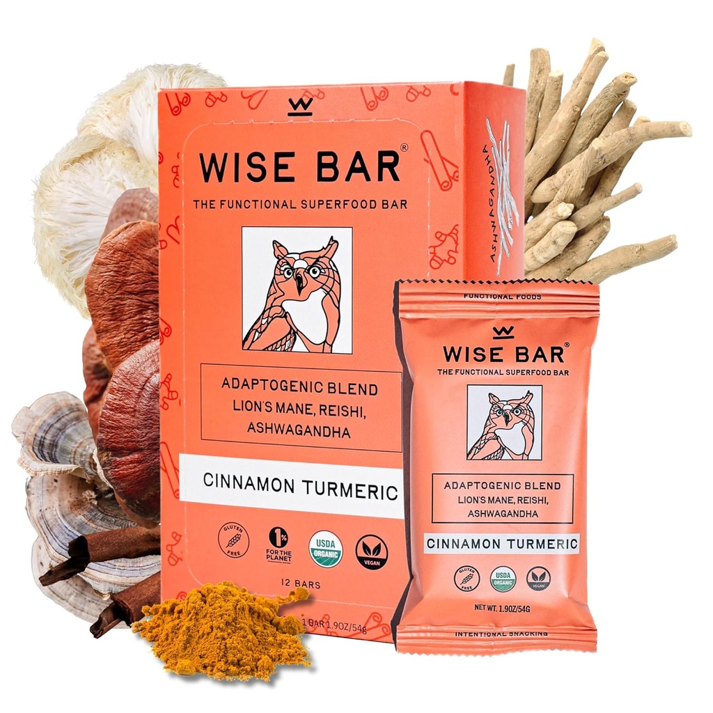 WISE BAR Adaptogen Mushroom Voeding Bars met Reishi, Lions Mane & Ashwagandha, Biologische Vegan en Gluten Gratis Snacks voor natuurlijke focus, Energie en Immuniteit Ondersteuning, Kaneel Kurkuma smaak, 12 Tellen