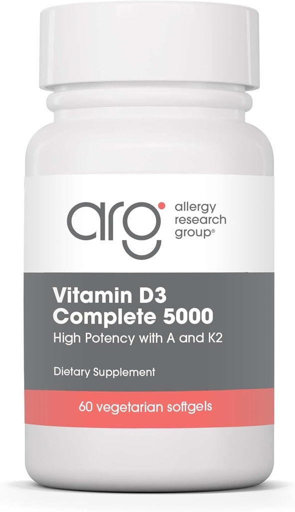 Alergija Raziskovalna skupina Vitamin D3 Popolno 5000 i.e. - Vitamin D3 in K2 dodatek, Dnevno ravnovesje, z vitaminom A, DeltaGold Tocotrienols, Visoka moč, Veggie Softgels - 60 Count