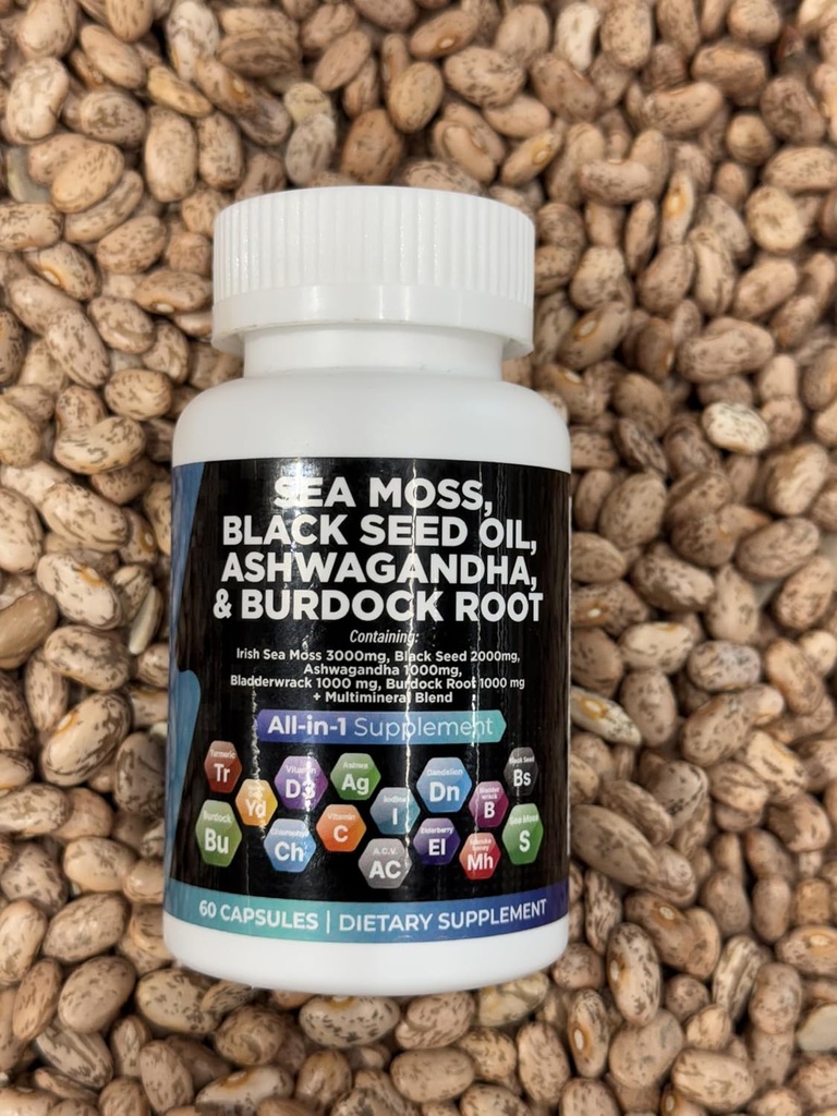 Sea Mos, petroli negre Sead, Ashwagandha, Burdod Root suplementari, 60 Capsules
