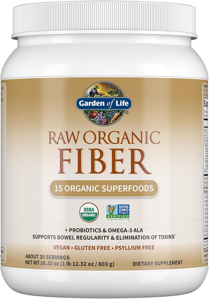 Garden of Life Rawic Fiber Powder, 30 Servings, 15 Jigns Organic, Probiotics, Omega-3 ALA, 4g Soluble Fiber, 5g Insluble for Regularity, Psylliver
