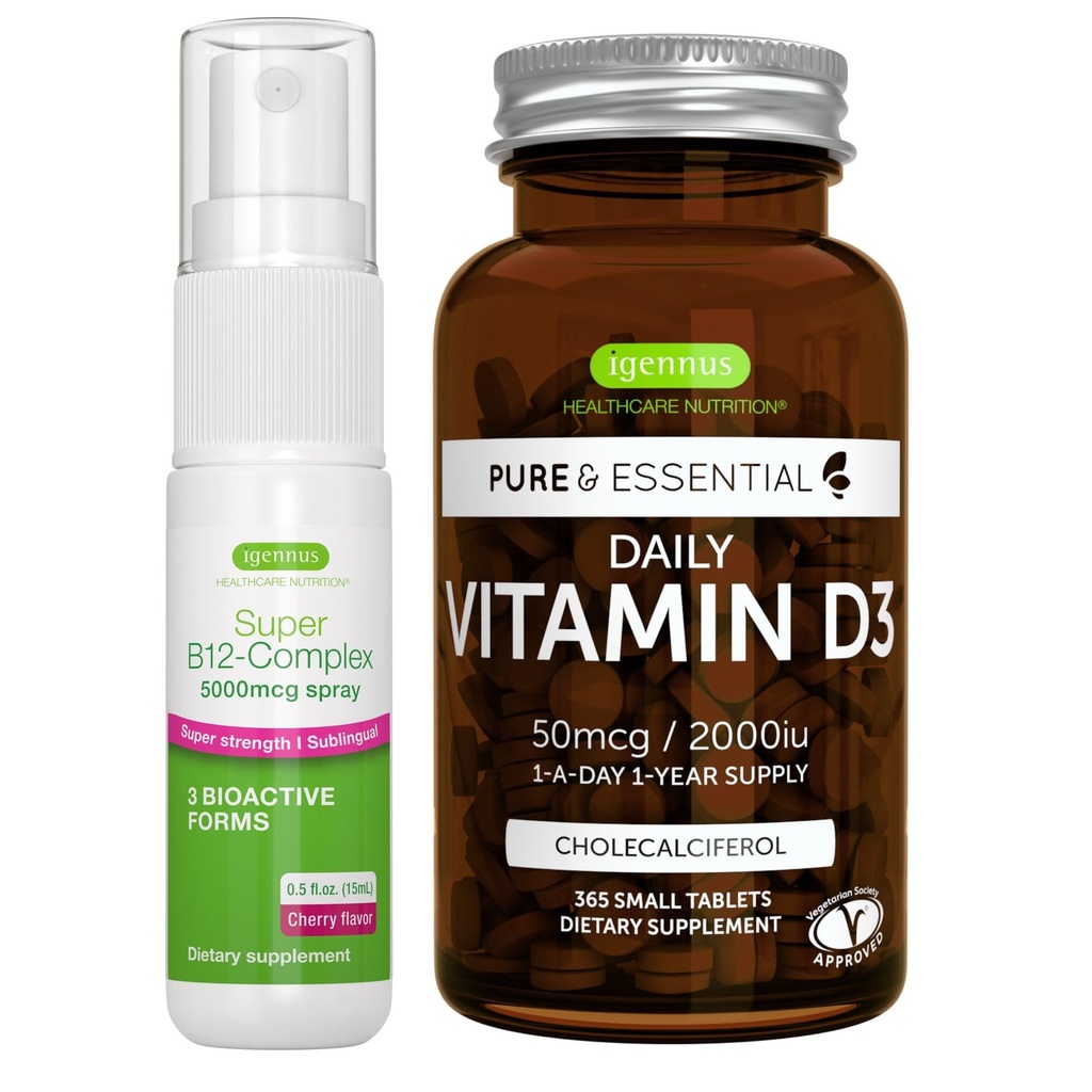 Daily Vitamin D3 + Super B12-Complex 5000mcg Vegetarian Bundle, 365 2000iu Vitamin D3 Tablets + High Strength B12 Cherry Flavor Sublingual Spray, by Igennus