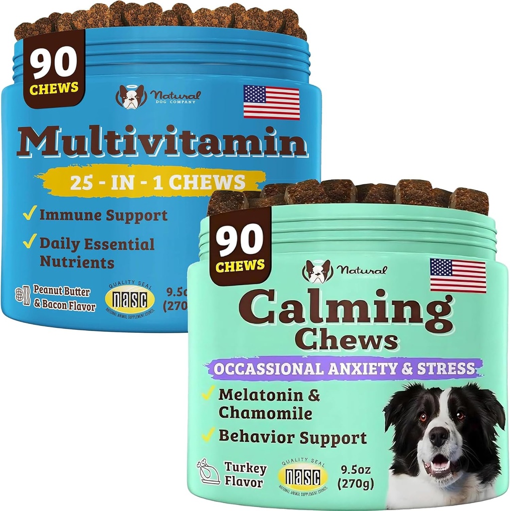 Natural Dog Company Multivitamin and Calming Supplement Bundle, Daily Nutrigents and Lieght Relief for Dogs, Support Joint Health, Skin & Coat, Reduct Stress from Noise & Travel, Esential Vitamin