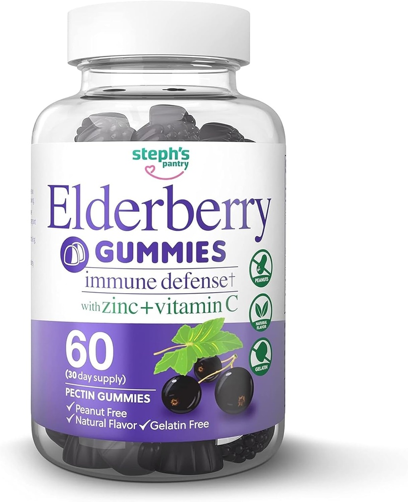 Elderberry Gummies med vitamin C och Zink - Immun Booster Elderberry Gummies för vuxna och barn - Vegan Natural Ingredients Defense Multivitaminer med Antioxidant Support (60 Gummies)