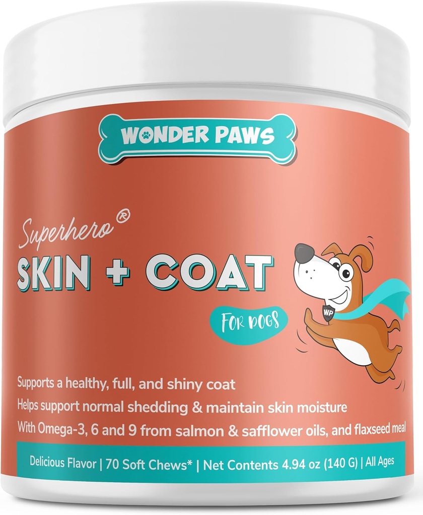 Wonder Paws kůže & coat dodatek pro psy s lososovým olejem, Omega 3 & 6, EPA & DHA, Podporuje zdravou pleť a kabát, Itchy Relief, Společné a celkové zdraví, Delicious Flavor, 70 kůže & srst měkké žvýkání