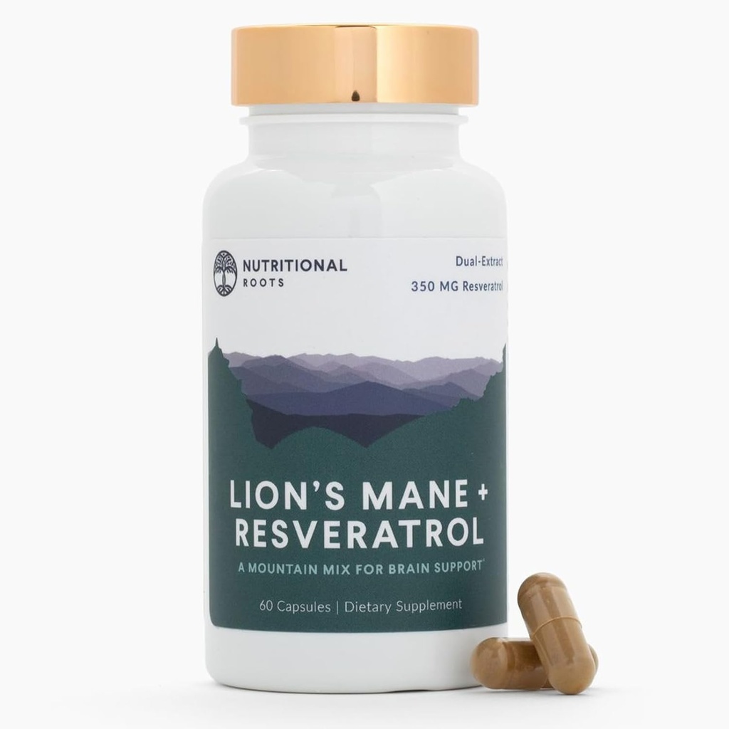 Nutritional Roots - Lion’s Mane + Resveratrol - With 800mg Lion’s Mane Extract " 350mg Trans-Resveratrol Per Serving - Supports Brain ' Heart Health - Dietary supplement - 1 Month Supply - 60 Capsules